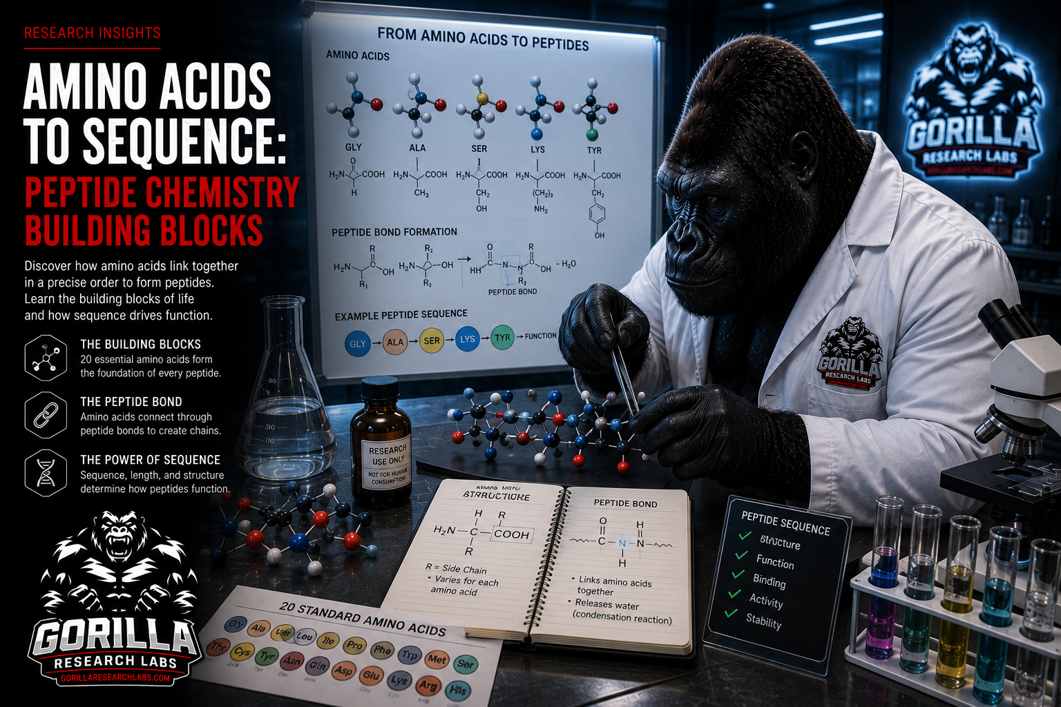 Amino Acids to Sequence: The Building Blocks of Research Peptides — research illustration